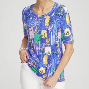 Chico's Womens 3/XL Abstract Summer Scoop Neck Tee - Blue Multi Sea Plants